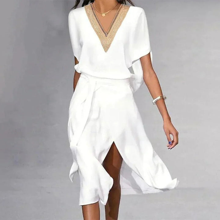 Isabella Robe Midi Femme – Élégante Robe Blanche avec Col en V & Design Minimaliste Intemporel