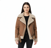 Beverly Manteau Biker Femme – Teplá semišová bunda se shearlingem s moderním stylem a zipovými detaily