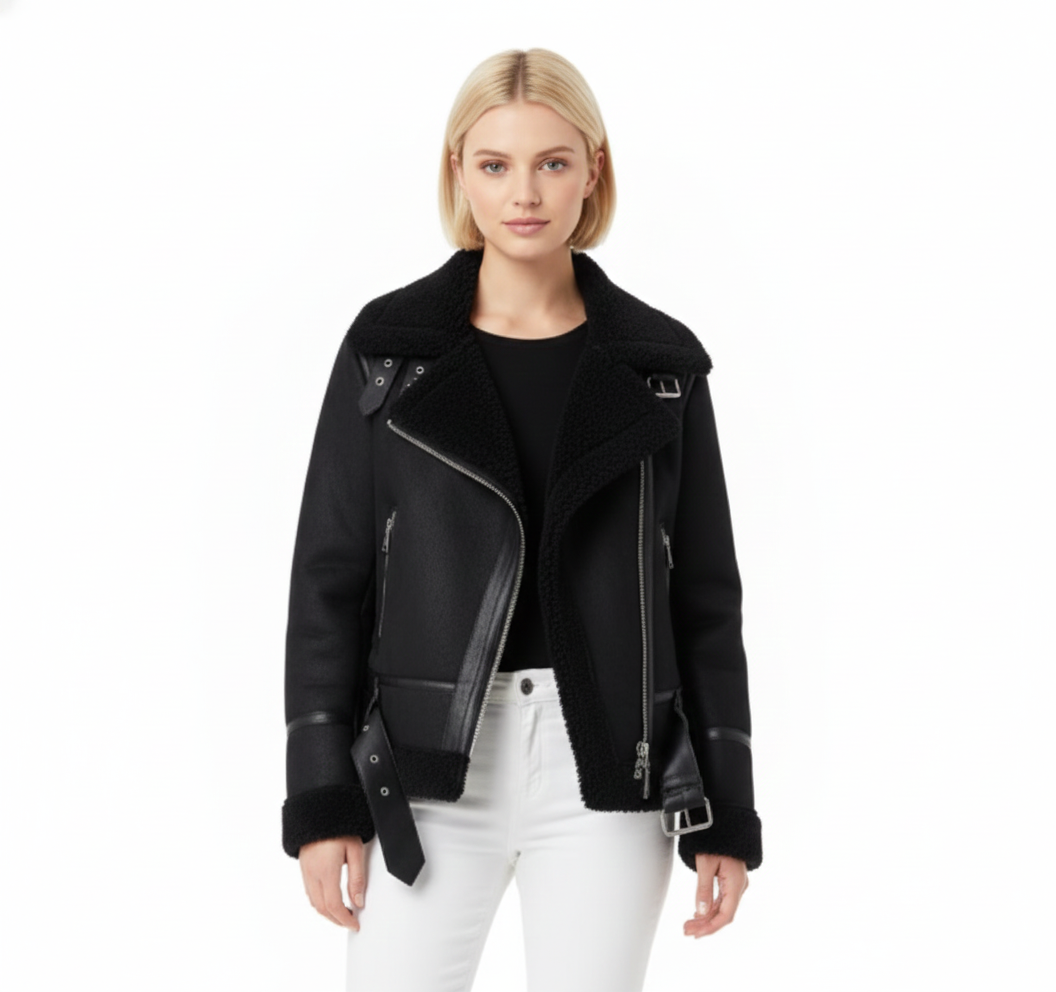 Beverly Manteau Biker Femme – Veste Suédée Shearling Chaude avec Style Moderne & Détails Zippés
