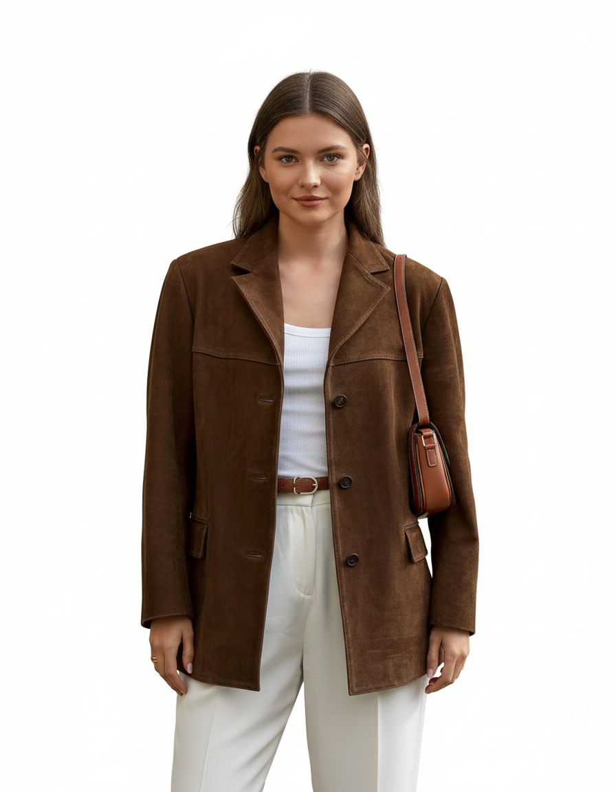 Blazer Sienna de Ante para Mujer – Chaqueta Elegante Corte Moderno en Ante Marrón