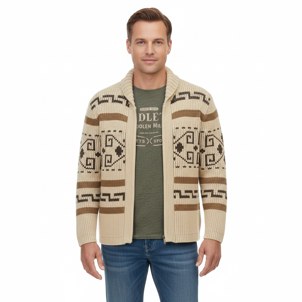 Josh Kardigan Męski Jacquard Western – Gruba Dzianina, Zamek Błyskawiczny i Styl Vintage Outdoor