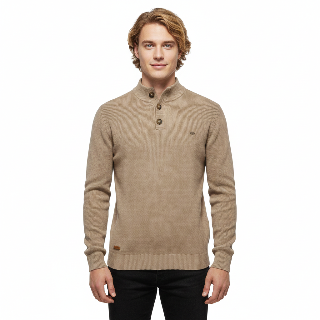 Julian Pull Homme Mock Neck Boutonné – Maille Côtelée, Coupe Regular & Style Élégant