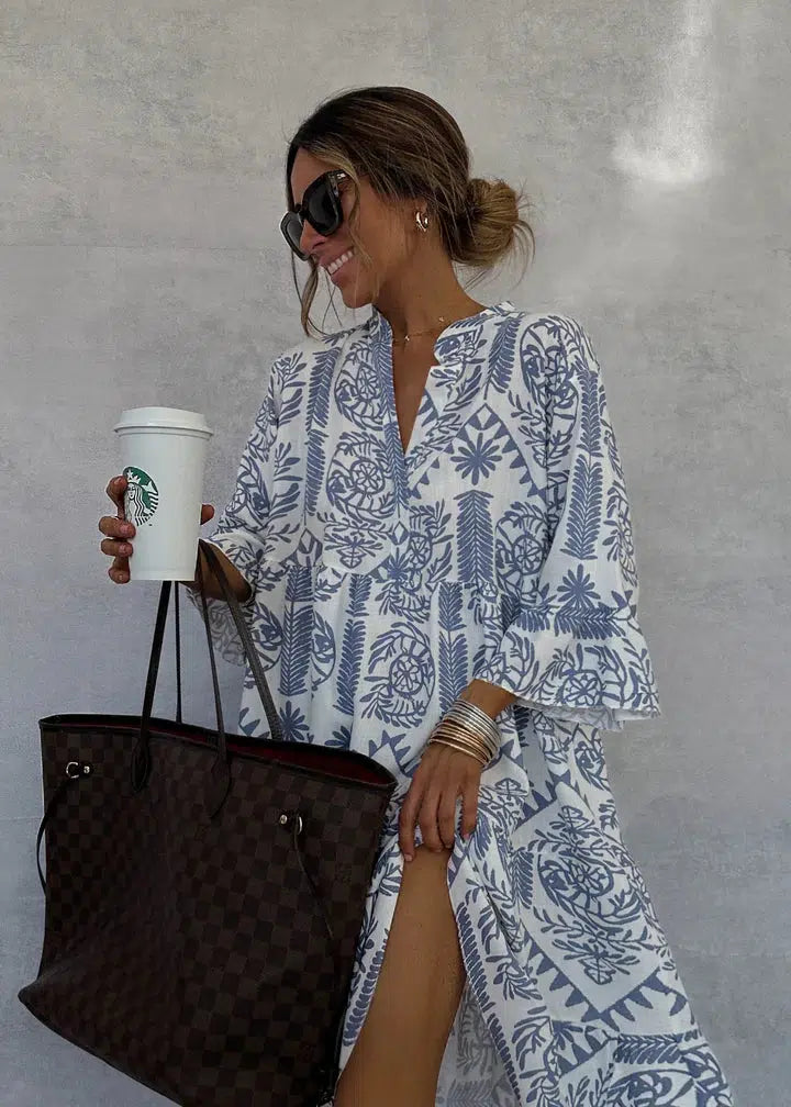 Anastasia Robe Maxi Femme – Robe d'Été Bohème avec Décolleté en V & Imprimé Fleuri Aéré