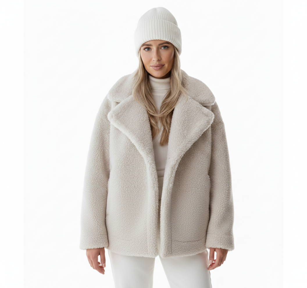 Kamryn Veste Femme en Fausse Fourrure Crème – Col à Revers Chic & Confort Hivernal