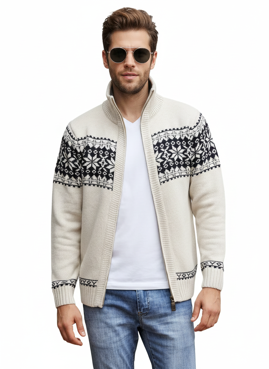 Pánský svetr Lars norského vzoru na zip – stojáček a zimní pohodlí