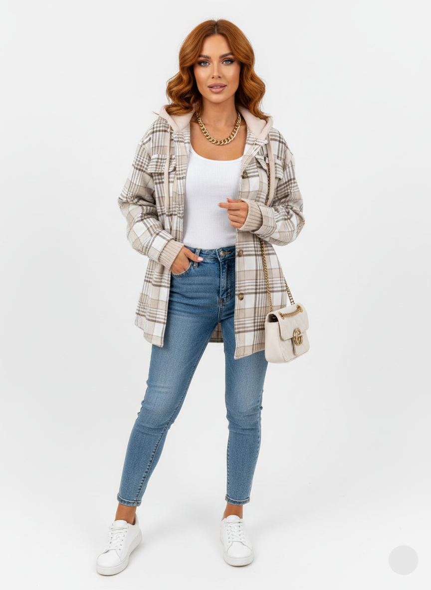 Lian Abrigo Mujer con Capucha – Chaqueta de Cuadros Caliente con Corte Informal