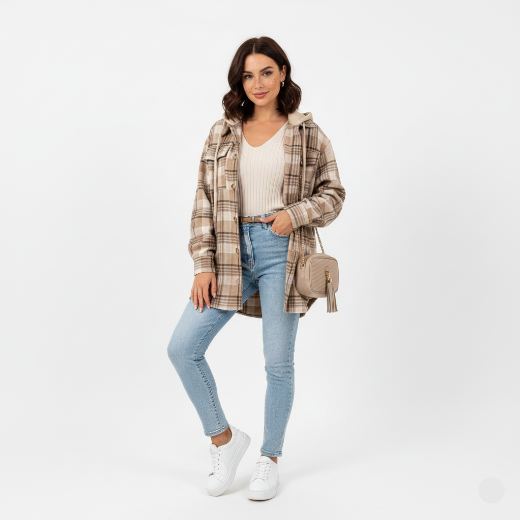 Lian Abrigo Mujer con Capucha – Chaqueta de Cuadros Caliente con Corte Informal