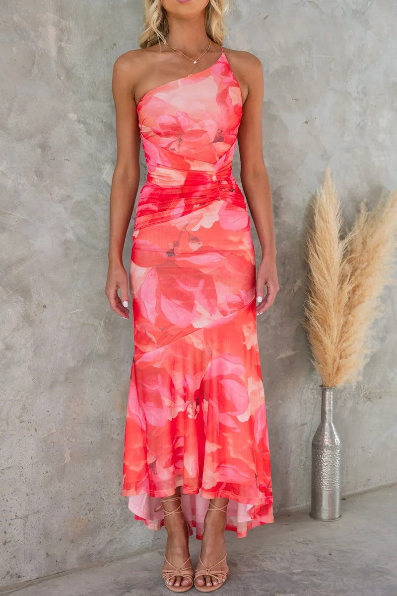 Irish Robe Longue Asymétrique Irish pour Femme – Imprimé Fleuri, Corsage Froncé & Jupe Fluide