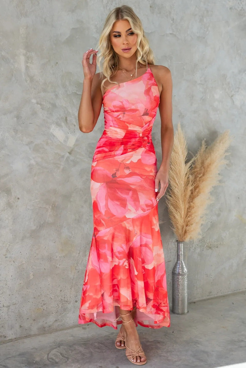 Irish Robe Longue Asymétrique Irish pour Femme – Imprimé Fleuri, Corsage Froncé & Jupe Fluide