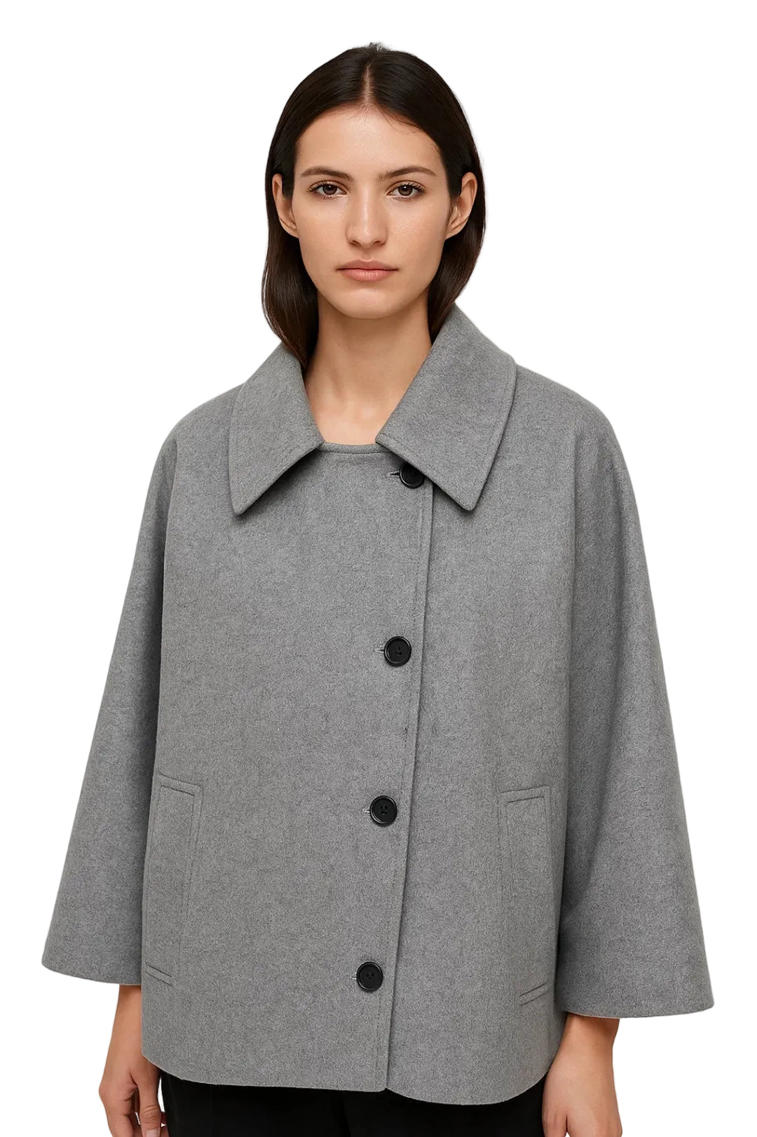 Bianca Abrigo Corto Mujer – Corte Trapecio Fluido, Cuello Amplio y Abotonadura Elegante