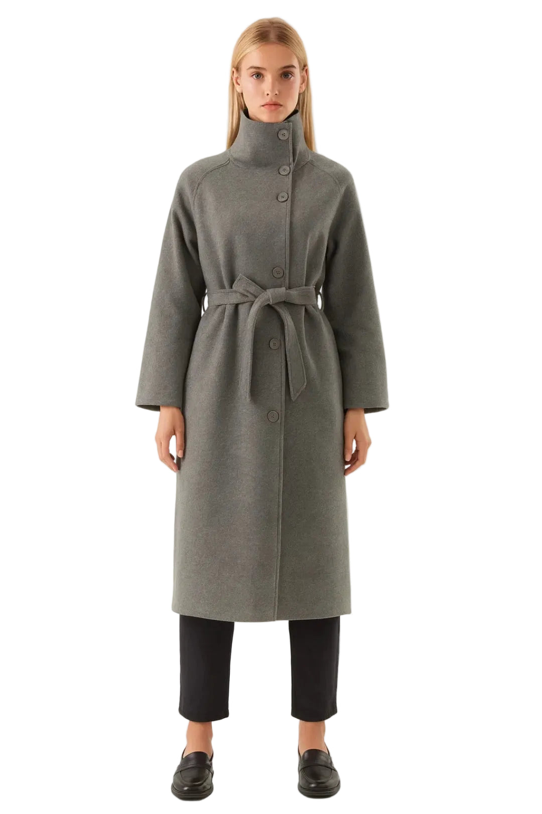 Gwendolyn Long Women's Coat Belted – Elegant Cut with High Collar for Winter
