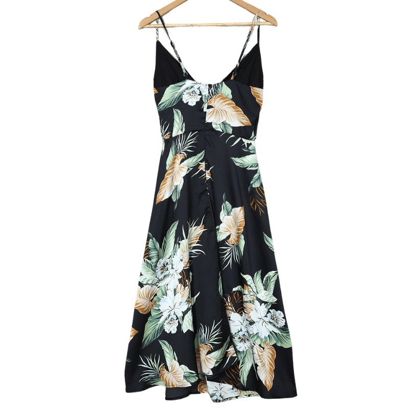 Valerie Robe Midi Satinée Femme – Imprimé Floral, Bretelles Ajustables & Fente Élégante