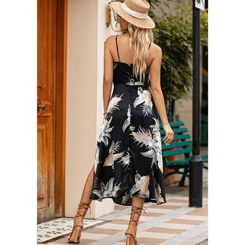 Valerie Robe Midi Satinée Femme – Imprimé Floral, Bretelles Ajustables & Fente Élégante