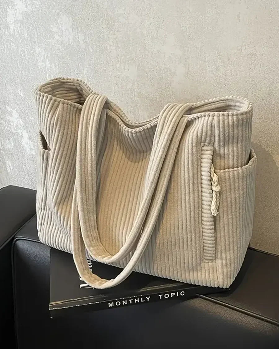 Marijn Sac Cabas Femme – Tote Bag Côtelé avec Détails Cordon & Grand Espace de Rangement