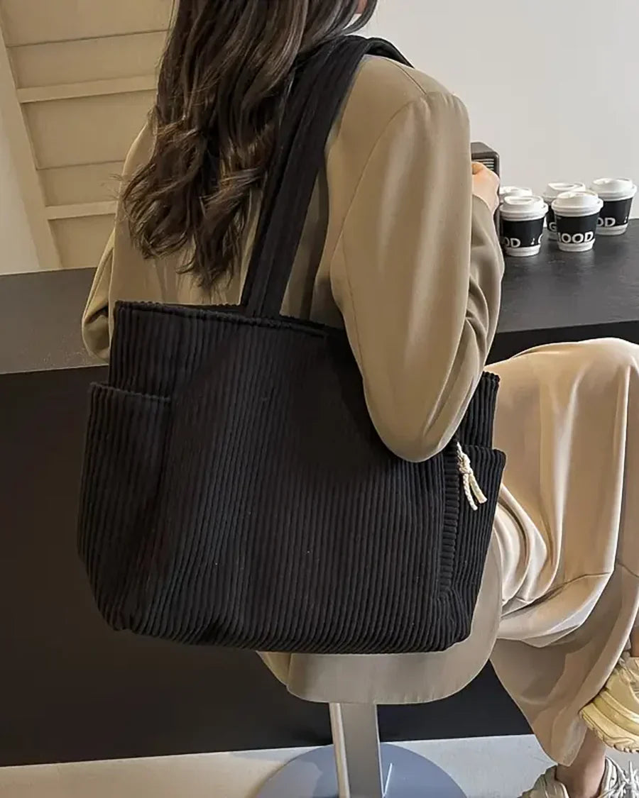 Marijn Sac Cabas Femme – Tote Bag Côtelé avec Détails Cordon & Grand Espace de Rangement
