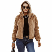 Marnie Płaszcz Damski Pluszowy Brązowy – Miękka Kurtka z Wysokim Kołnierzem Luźny Krój