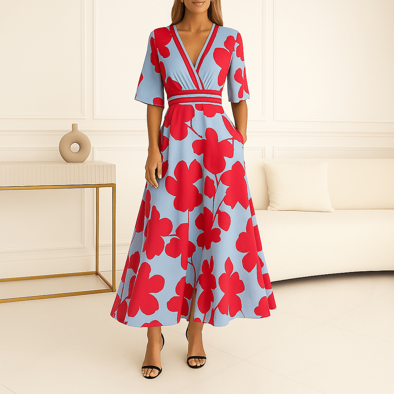 Hermoso vestido largo para mujeres - vestido floral con vecino en V, cinturón y hendidura para elegancia de verano