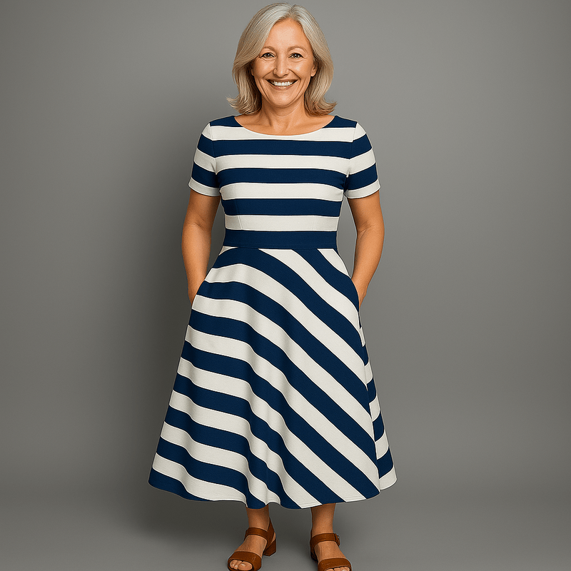 Clara Robe Midi Femme – Robe Rayée à Manches Courtes, Coupe Trapèze & Poches Latérales