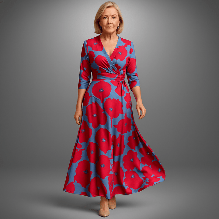 Charm Robe Midi - Robe florale avec décolleté cache-cœur en V et tissu infroissable
