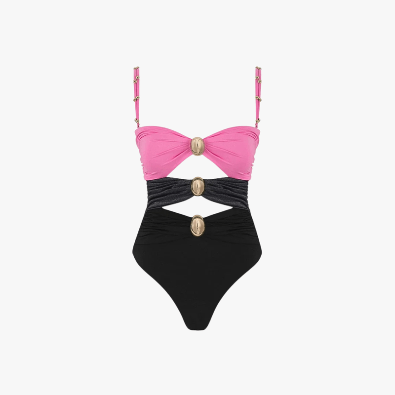 Issa Maillot de Bain Femme – Une-Pièce Découpé avec Anneaux Dorés & Design Colorblock