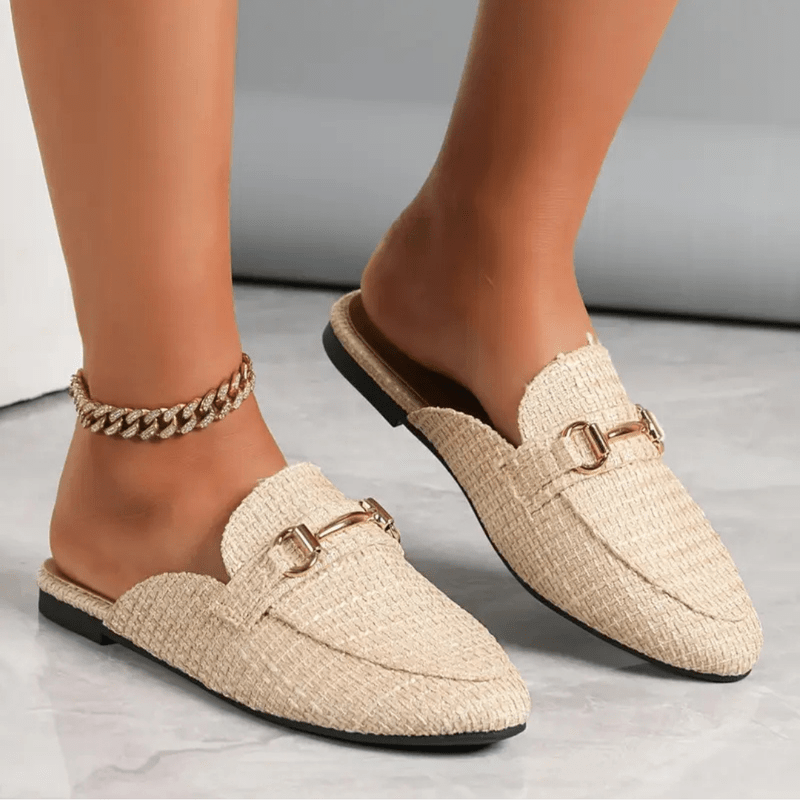 Clayde Mocasins Mujeres: mulas trenzadas sin talón con cadena de oro y comodidad suela