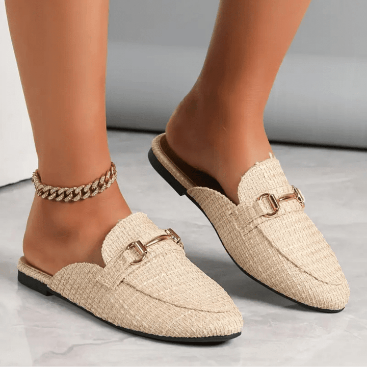 Clayde Mocasins Mujeres: mulas trenzadas sin talón con cadena de oro y comodidad suela