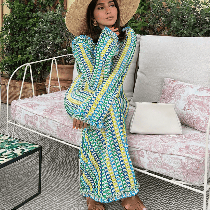 Jade Robe Longue Femme – Robe Plage en Maille Dentelle avec Dos Nu & Manches Évasées
