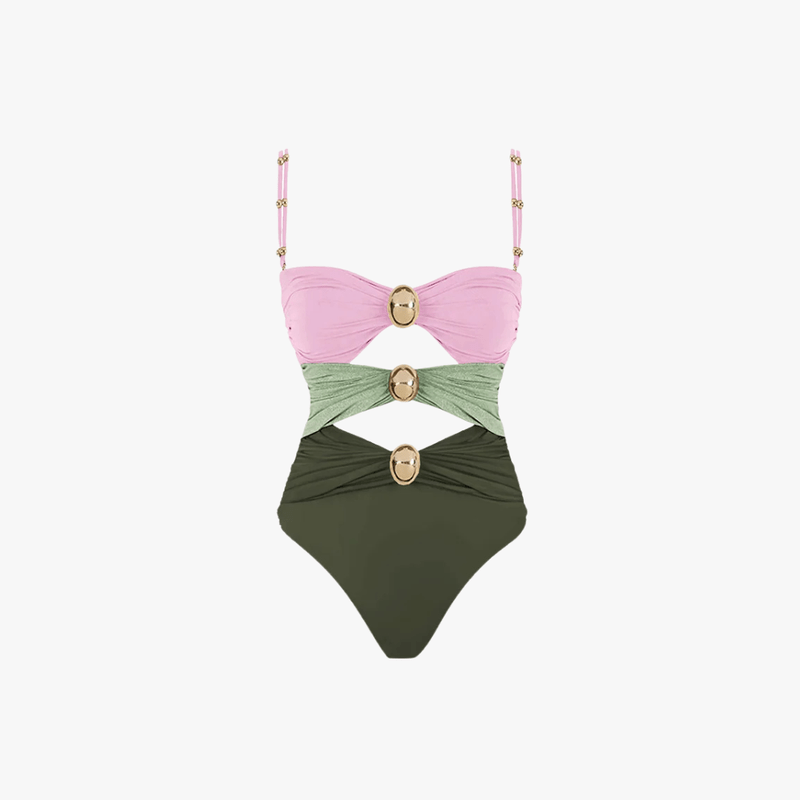 Issa Maillot de Bain Femme – Une-Pièce Découpé avec Anneaux Dorés & Design Colorblock