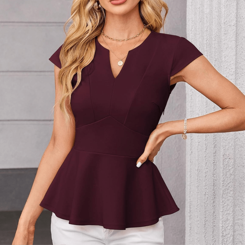 Jaz Blouse Femme Élégante – Col en V, Mancherons, Coupe Structurée & Ourlet Volanté