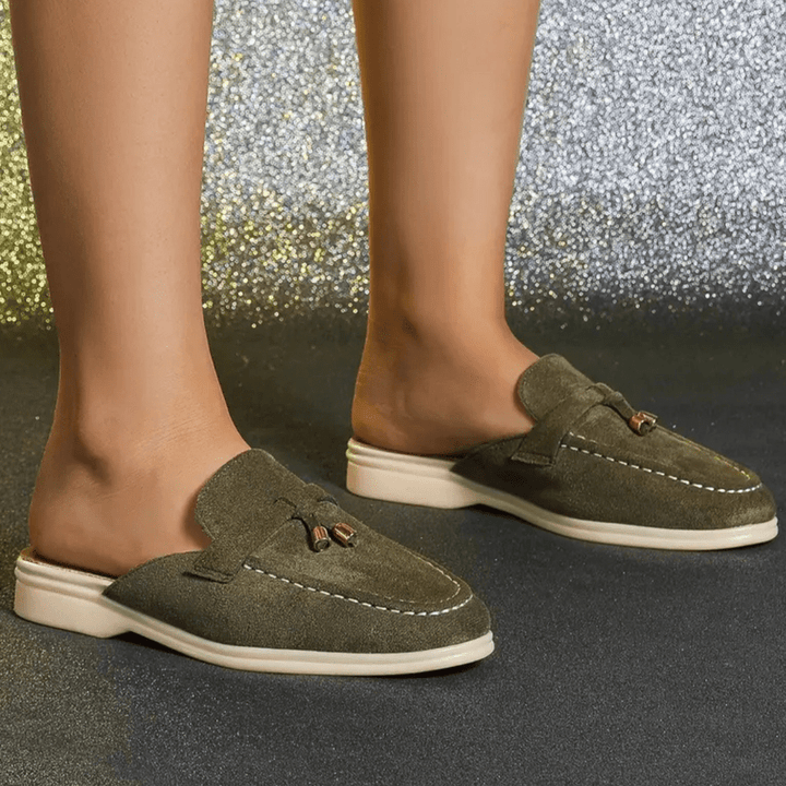 Mori Mocasins Mujeres - Mulas verdes de verano con detalles con flecos y suela cómoda
