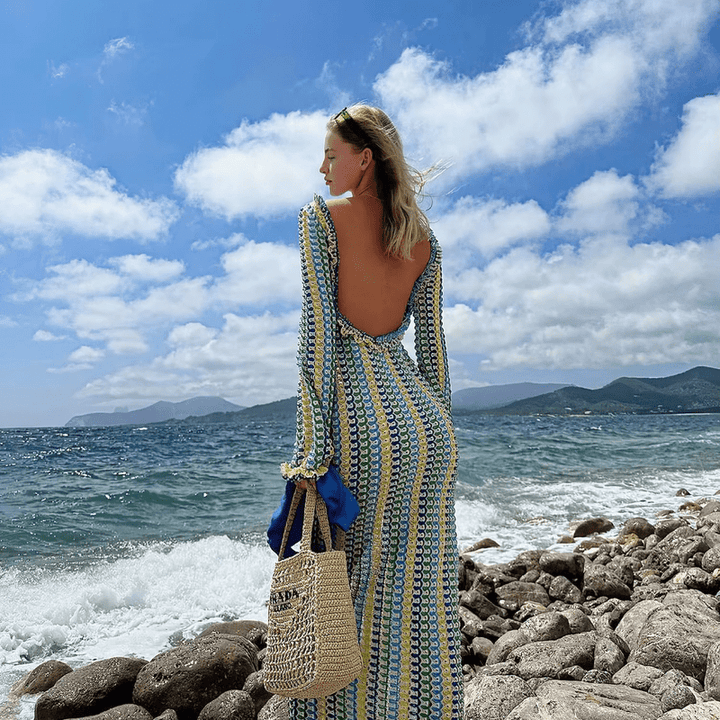 Jade Robe Longue Femme – Robe Plage en Maille Dentelle avec Dos Nu & Manches Évasées