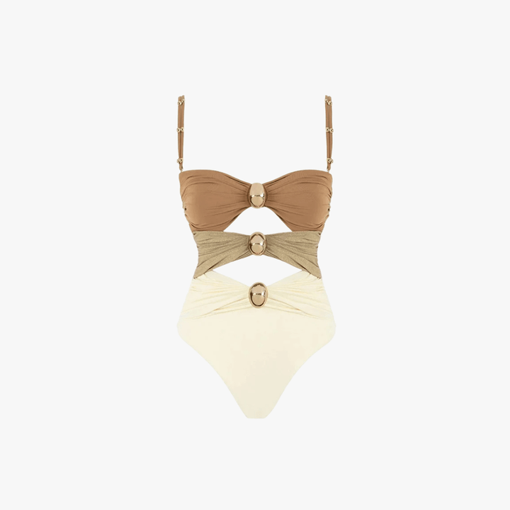 Issa Maillot de Bain Femme – Une-Pièce Découpé avec Anneaux Dorés & Design Colorblock