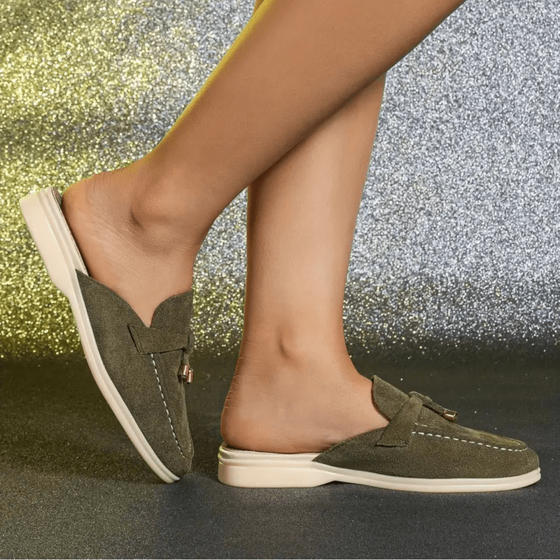 Mori Mocasins Mujeres - Mulas verdes de verano con detalles con flecos y suela cómoda
