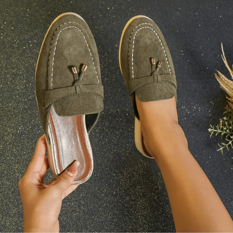 Mori Mocasins Mujeres - Mulas verdes de verano con detalles con flecos y suela cómoda