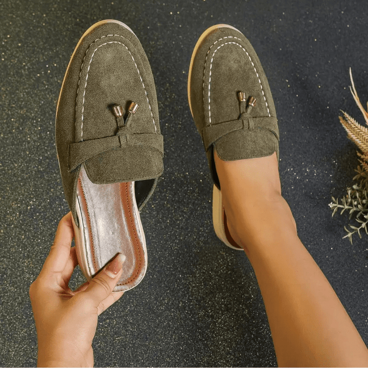 Mori Mocasins Mujeres - Mulas verdes de verano con detalles con flecos y suela cómoda