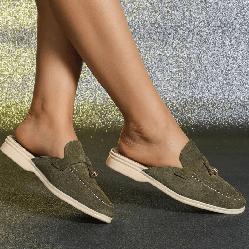 Mori Mocasins Mujeres - Mulas verdes de verano con detalles con flecos y suela cómoda