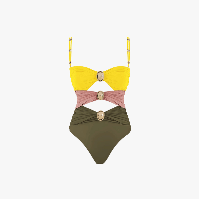 Issa Maillot de Bain Femme – Une-Pièce Découpé avec Anneaux Dorés & Design Colorblock