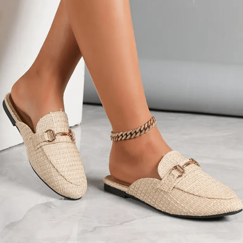 Clayde Mocasins Mujeres: mulas trenzadas sin talón con cadena de oro y comodidad suela