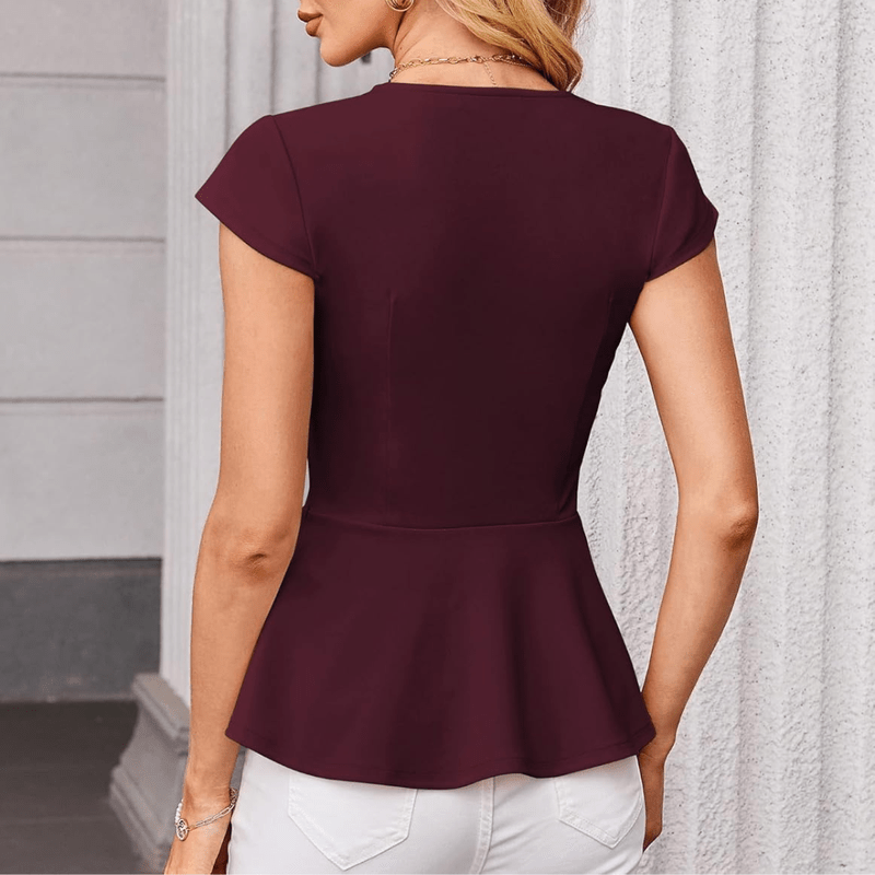 Jaz Blouse Femme Élégante – Col en V, Mancherons, Coupe Structurée & Ourlet Volanté