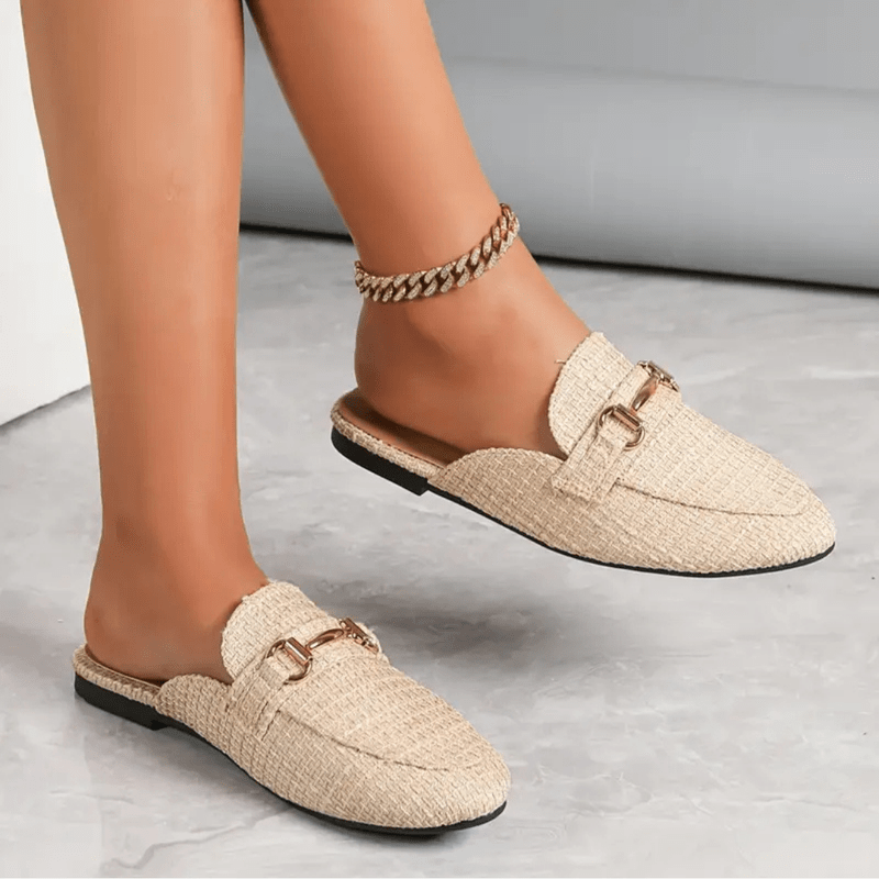 Clayde Mocasins Mujeres: mulas trenzadas sin talón con cadena de oro y comodidad suela