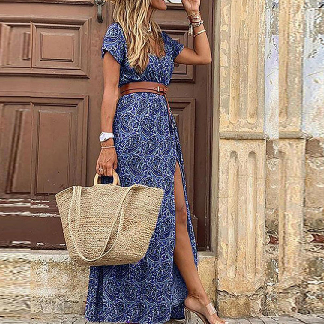 Sheena Robe Longue Femme – Robe Bohème Maxi à Imprimé Paisley avec Ceinture & Manches Courtes