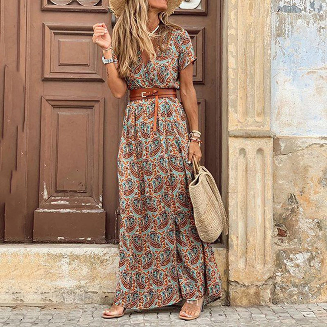 Sheena Robe Longue Femme – Robe Bohème Maxi à Imprimé Paisley avec Ceinture & Manches Courtes