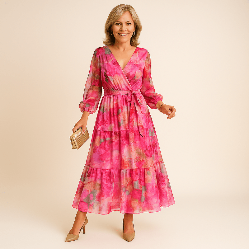 Elise Robe Longue pour Femme - Col tailleur avec imprimé abstrait, ceinture et manches longues pour événements