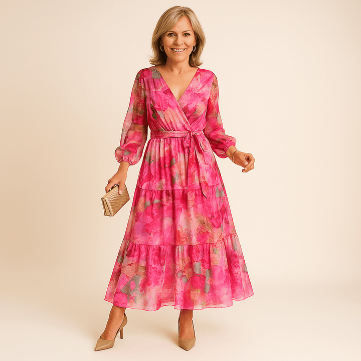 Elise Robe Longue pour Femme - Col tailleur avec imprimé abstrait, ceinture et manches longues pour événements