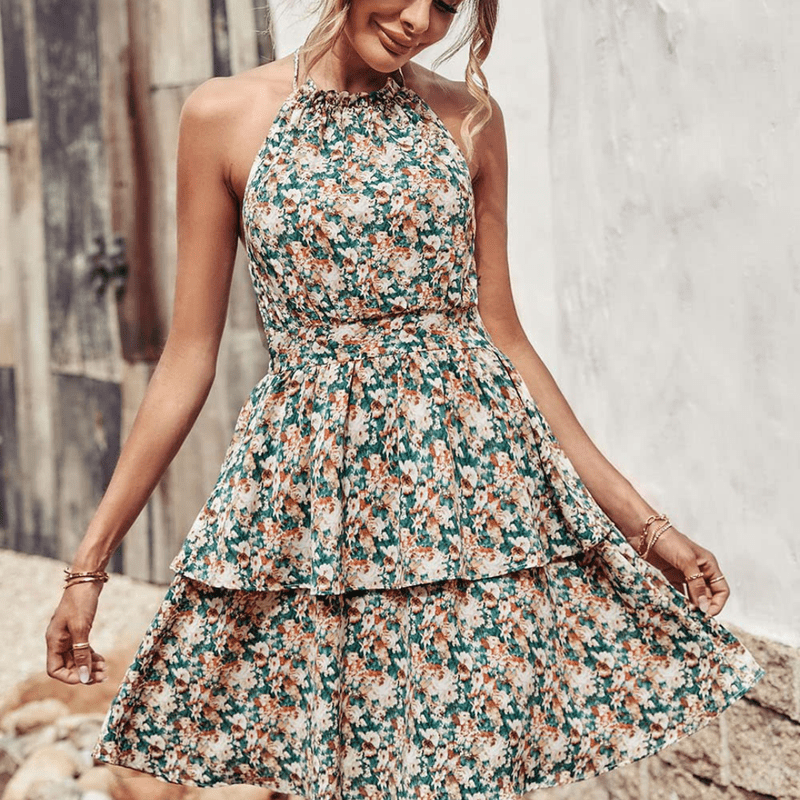 Elle Robe Courte pour Femme - Robe florale sans manches avec volants et col montant pour les looks d'été