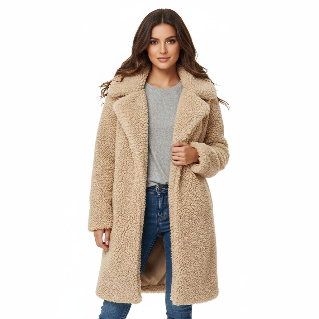 Mila Abrigo Teddy Mujer Largo Oversize – Abrigo de Invierno Suave con Cuello Solapa Elegante