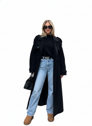 Milan Black Coat for Women – Wide Elegant Lapels, Adjustable Belt & City Style