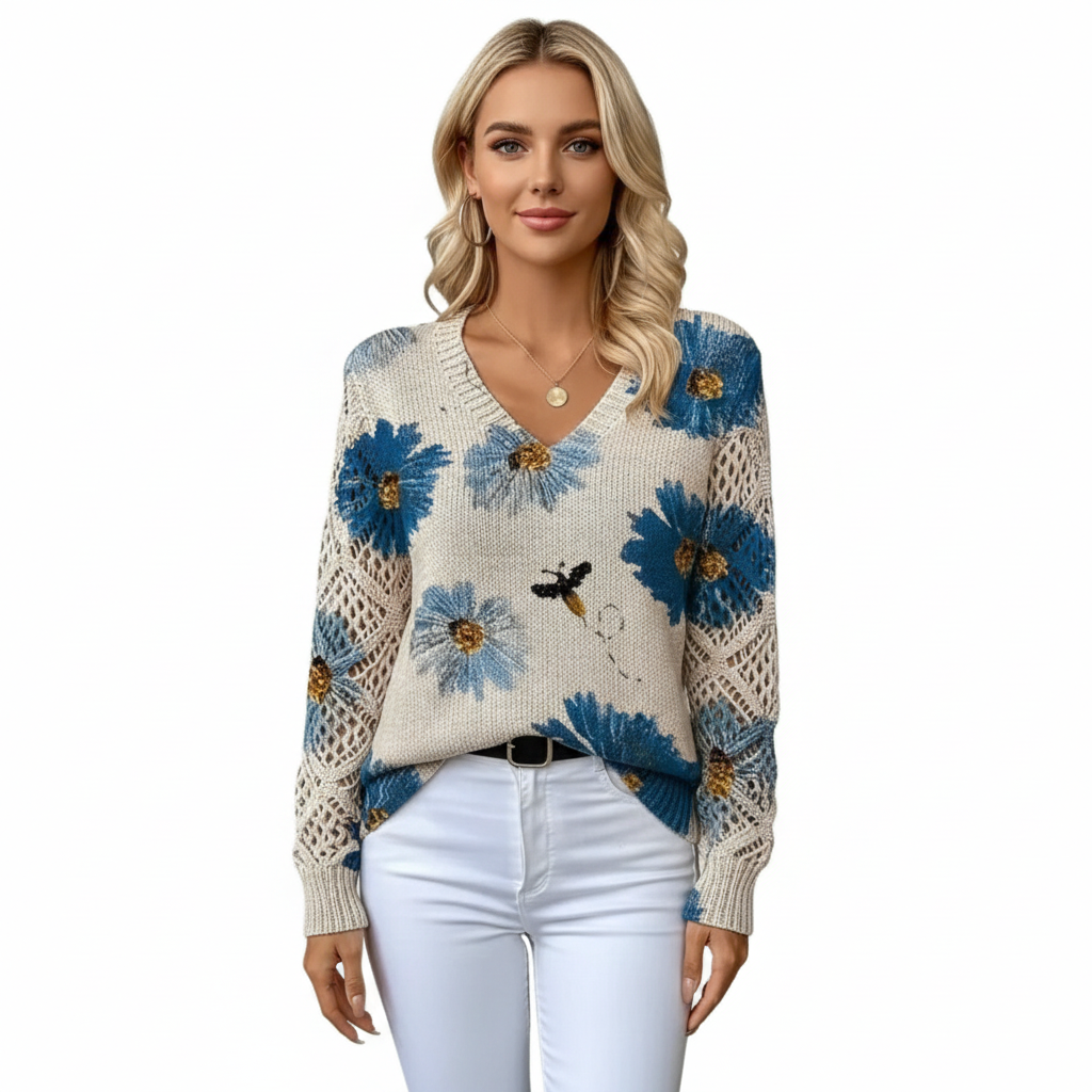 Nancy Pull Femme Tricot Léger – Maille Aérée avec Motif Floral & Col V Élégant