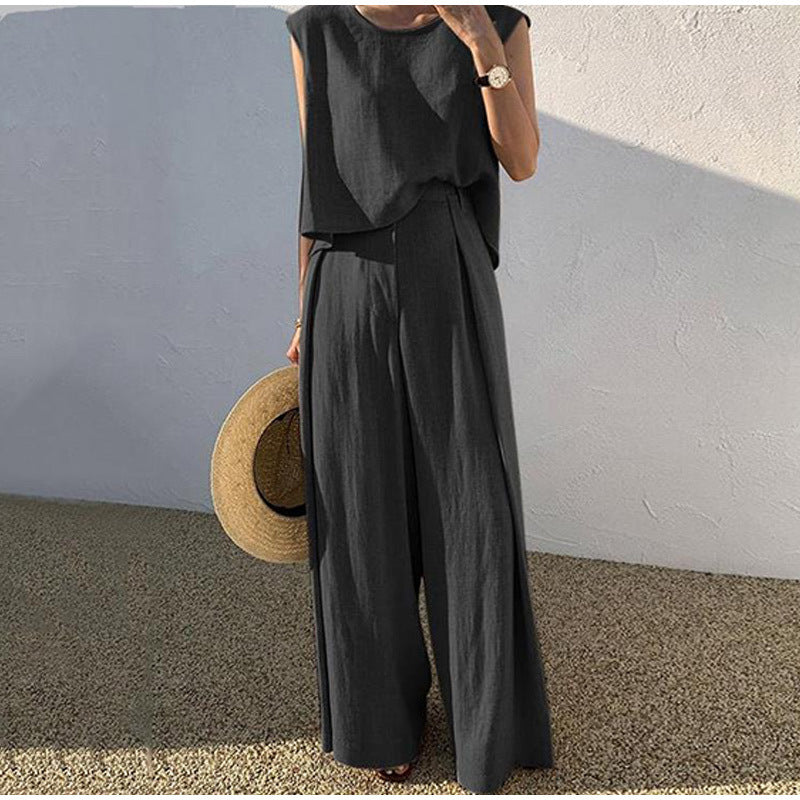 Aubree Ensemble Femme Lin – Pantalon Large & Haut Col Rond, Confort Léger Estival