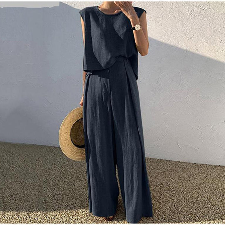 Aubree Ensemble Femme Lin – Pantalon Large & Haut Col Rond, Confort Léger Estival